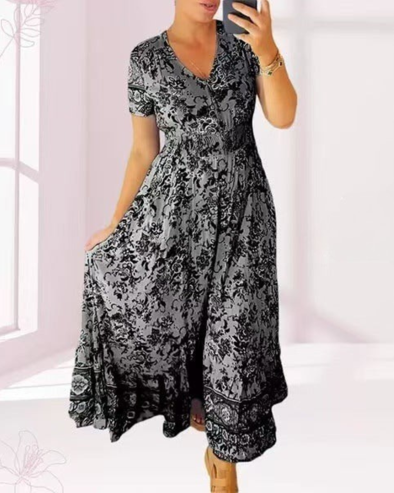 TESSA - LANGES GEMUSTERTES KLEID MIT KNOPFLEISTE