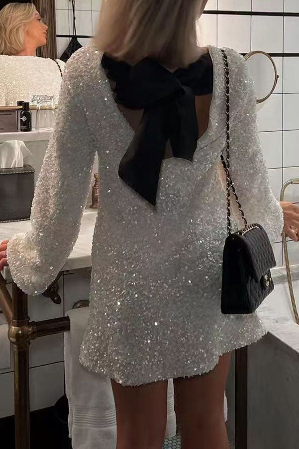 Losse Mini Jurk met Sequins en Strik