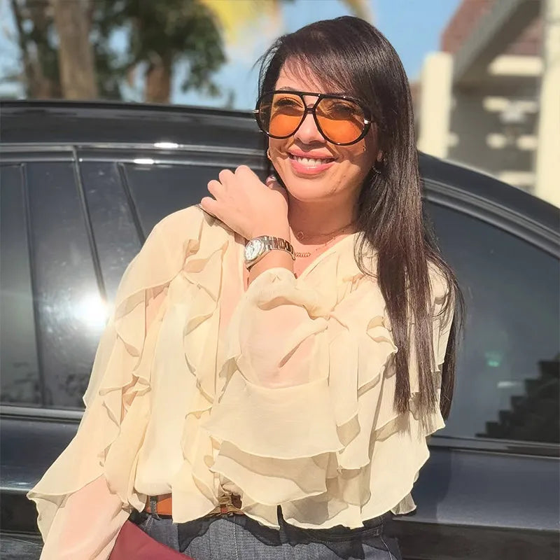 Spring Burgundy Layer Ruffles Shirts For Woman Casual V Neck Full Sleeve Loose Blouse New Female High Street Office Outfits 2025