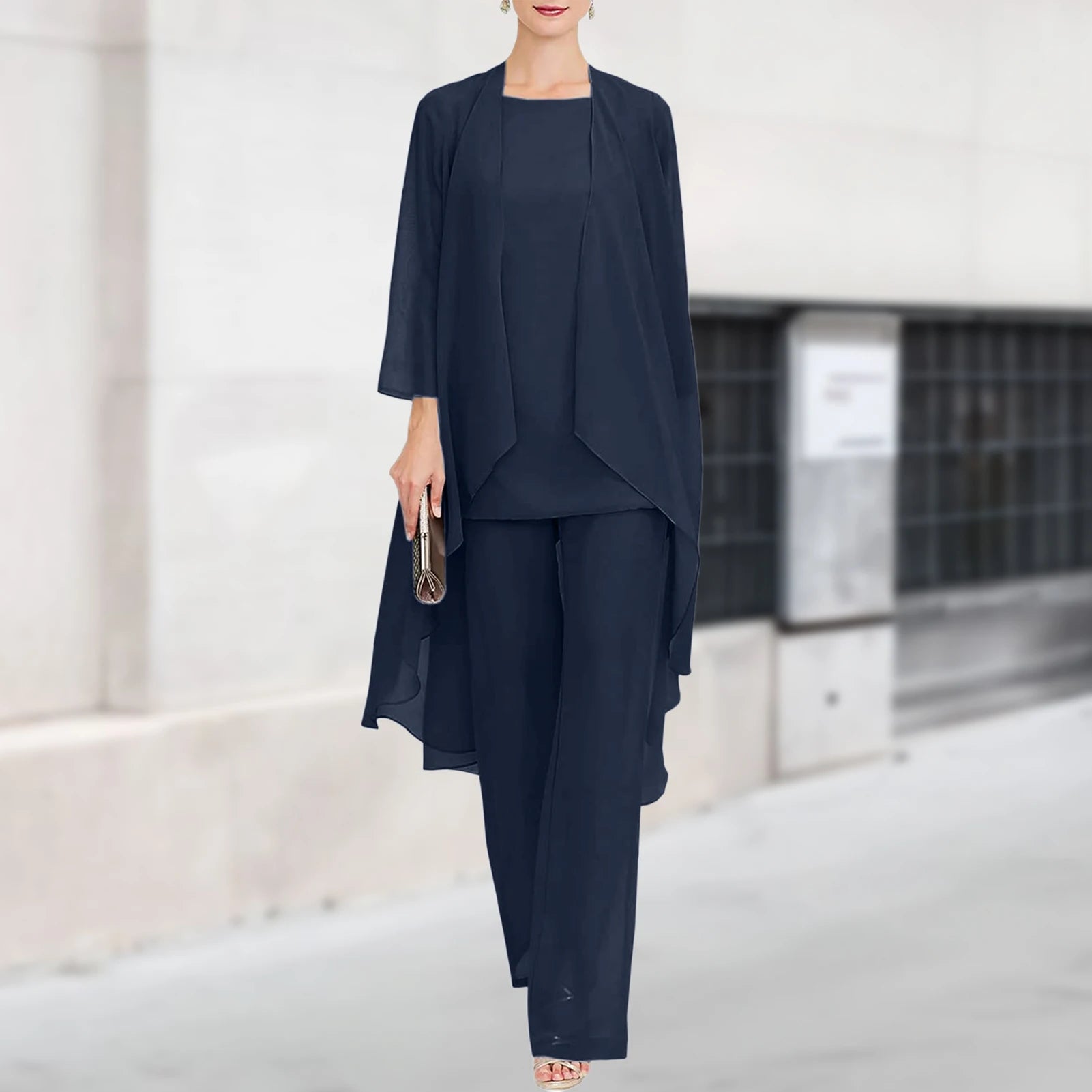 Elegante 3-Delige Set – Chiffon Top, Cardigan & Broek