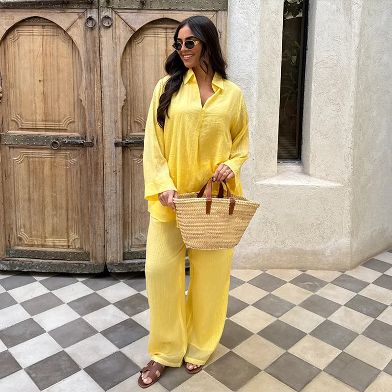 Katoen Linnen Casual Damespak – V-hals Top met Lange Mouwen & Wijde Pijpen Broek