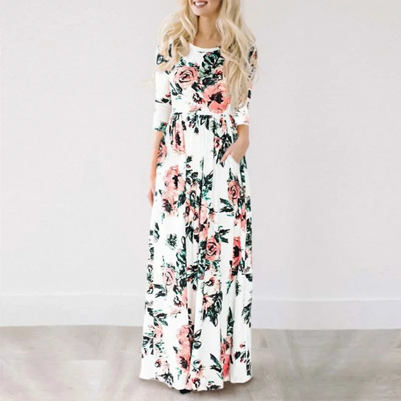 Women Summer Floral Print Maxi 2025 Loose White Boho Beach Dress Women Vintage Evening Party Long Dress Vestidos Female Robe