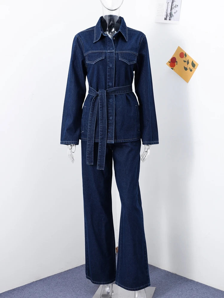 Chic Tweedelige Denim Set – Riemjas & Wijde Pijpen Jeans