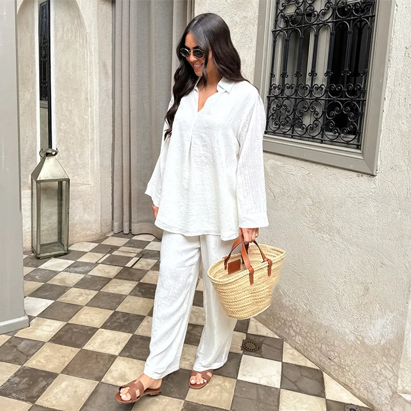 Katoen Linnen Casual Damespak – V-hals Top met Lange Mouwen & Wijde Pijpen Broek