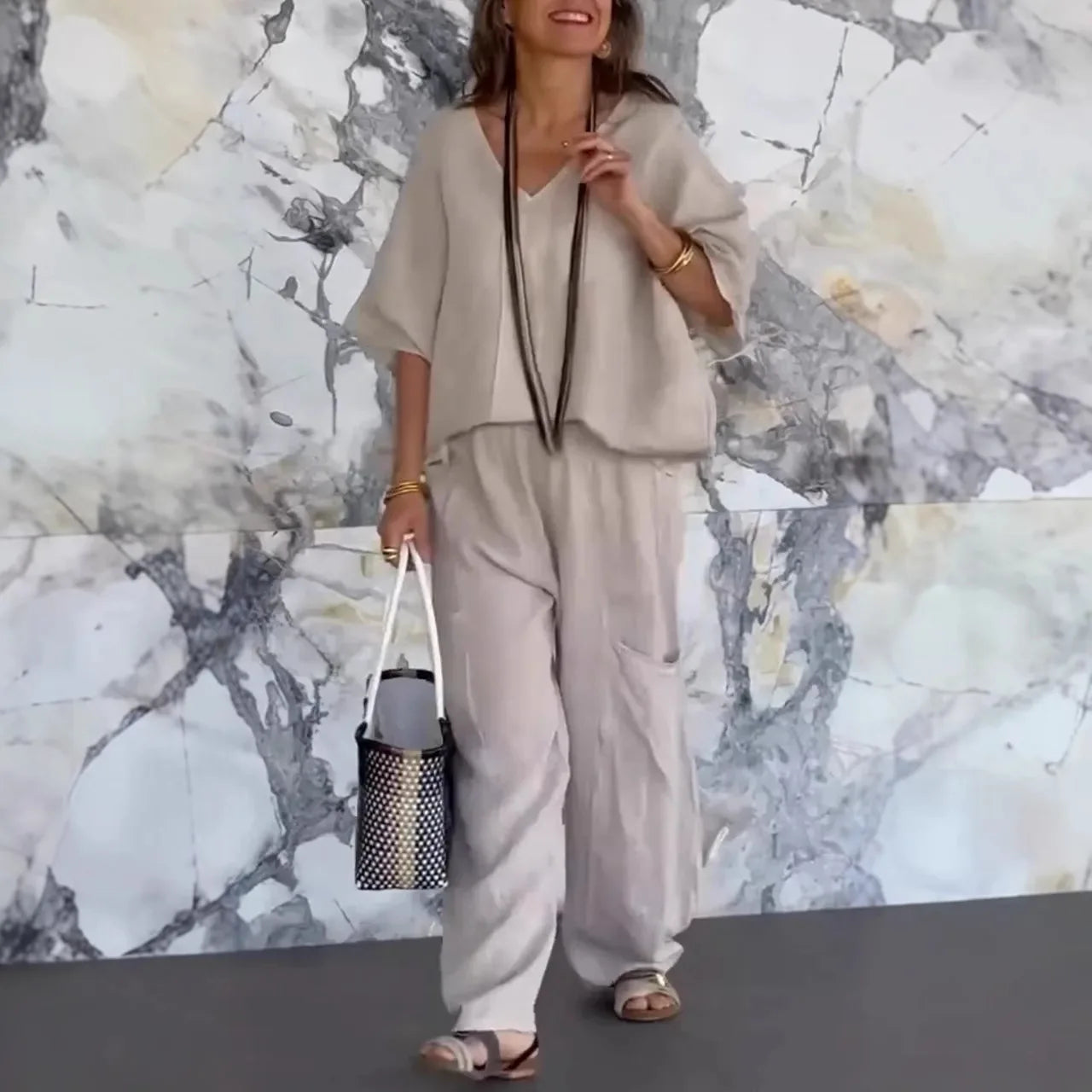 Chic Linnen 2-Delige Set met V-hals