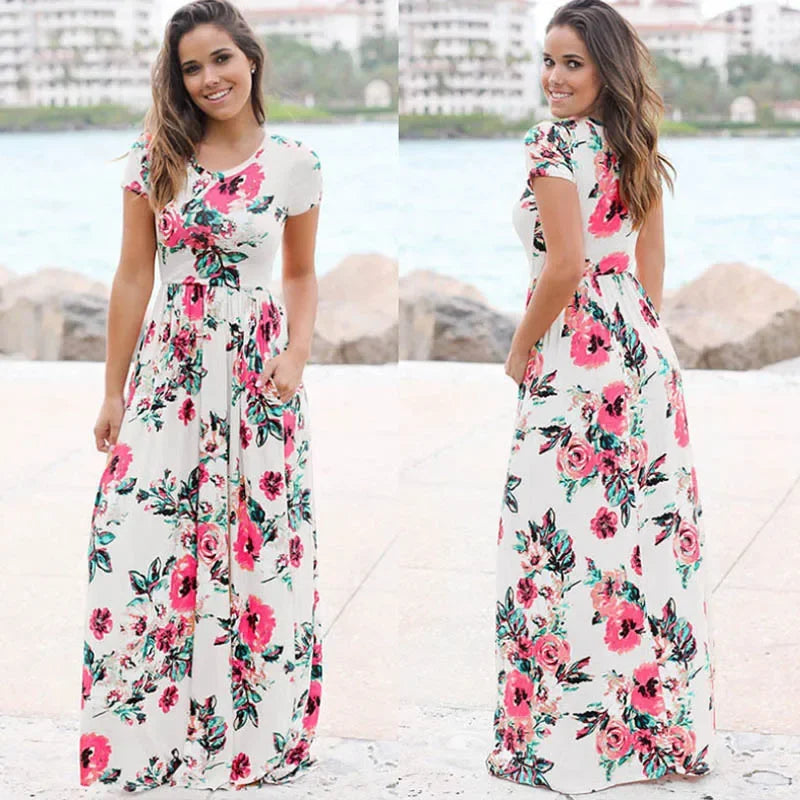 Women Summer Floral Print Maxi 2025 Loose White Boho Beach Dress Women Vintage Evening Party Long Dress Vestidos Female Robe