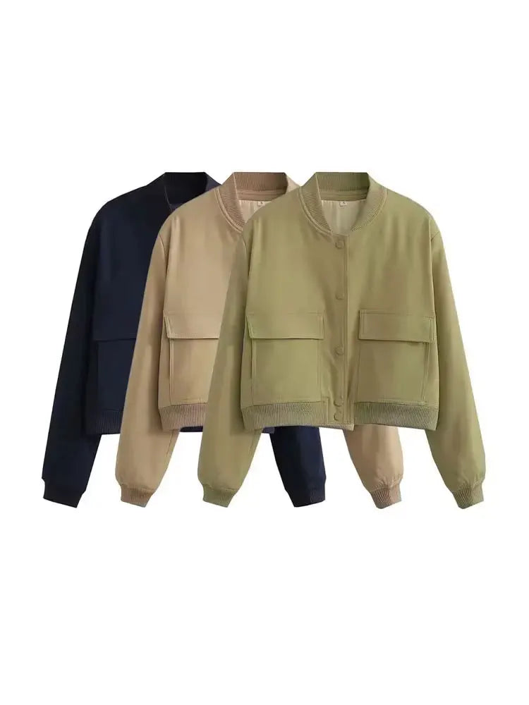 TRZA Women Fashion With Pockets Bomber Jacket Coats Vintage Long Sleeve Front Button Casual Female Outerwear Chic Tops