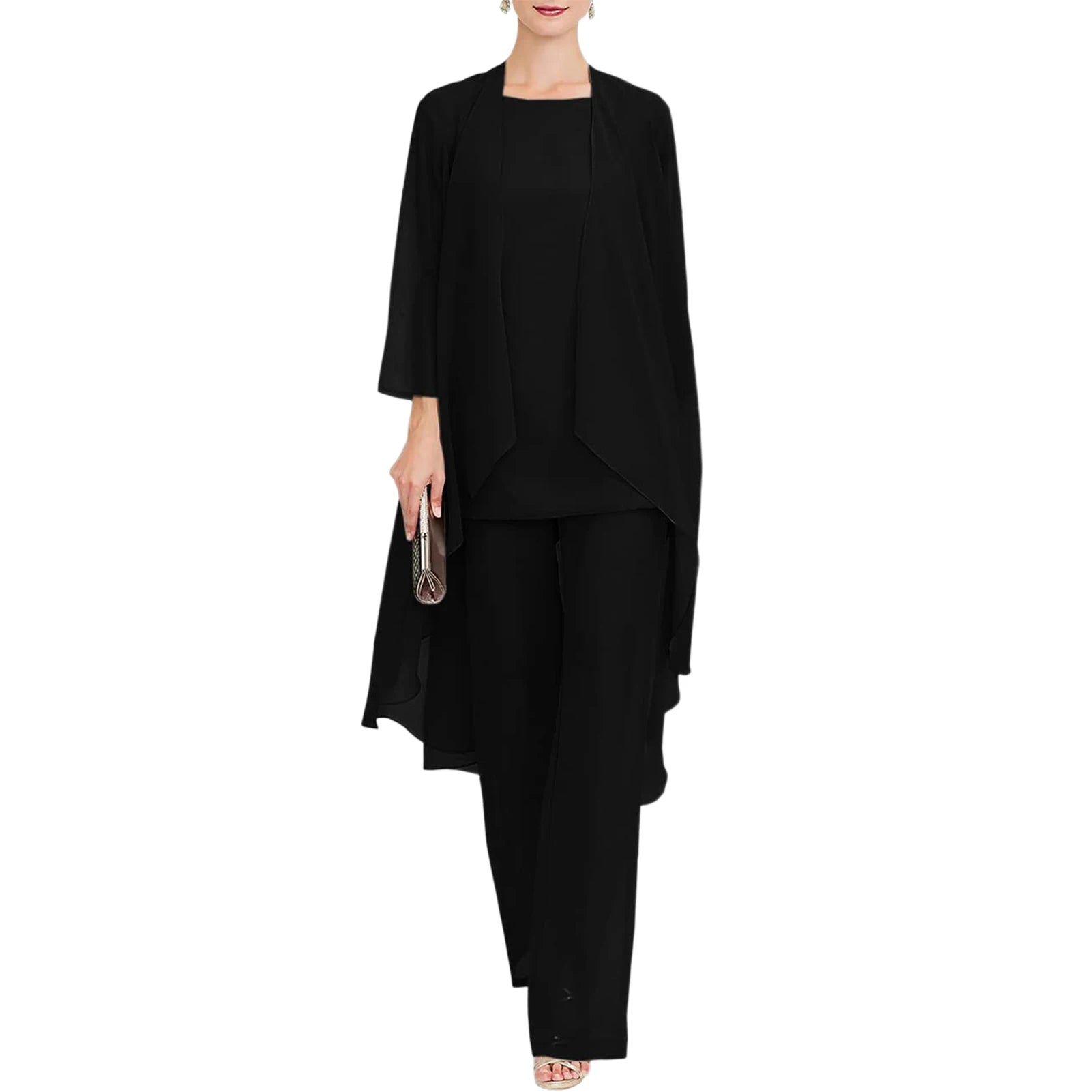 Elegante 3-Delige Set – Chiffon Top, Cardigan & Broek