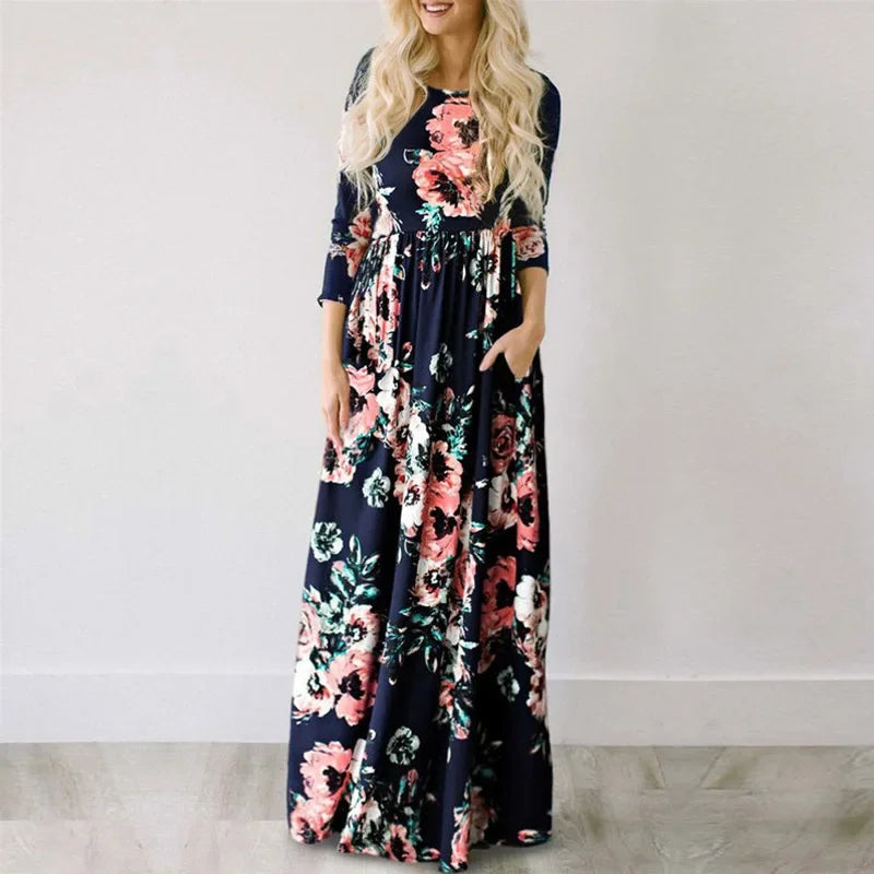 Women Summer Floral Print Maxi 2025 Loose White Boho Beach Dress Women Vintage Evening Party Long Dress Vestidos Female Robe