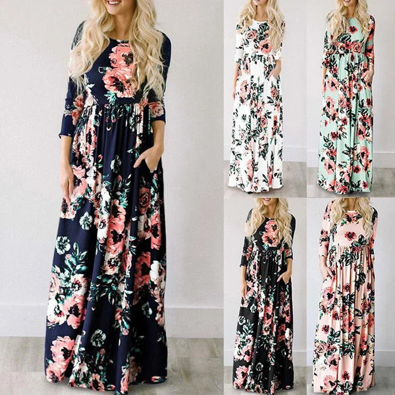 Women Summer Floral Print Maxi 2025 Loose White Boho Beach Dress Women Vintage Evening Party Long Dress Vestidos Female Robe
