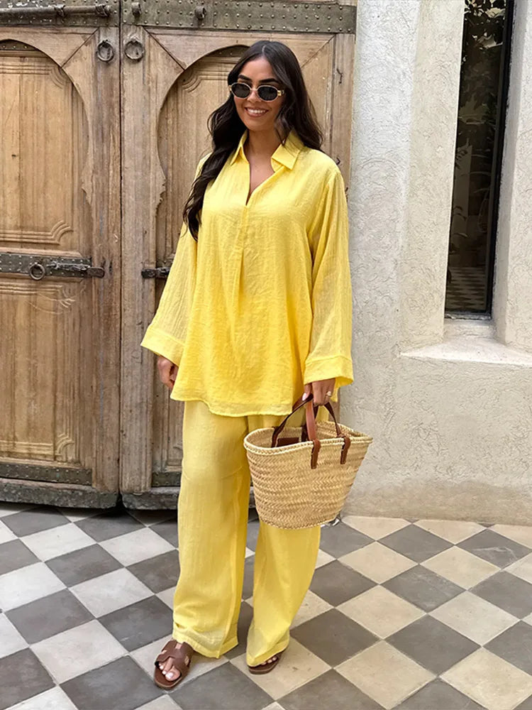 Katoen Linnen Casual Damespak – V-hals Top met Lange Mouwen & Wijde Pijpen Broek