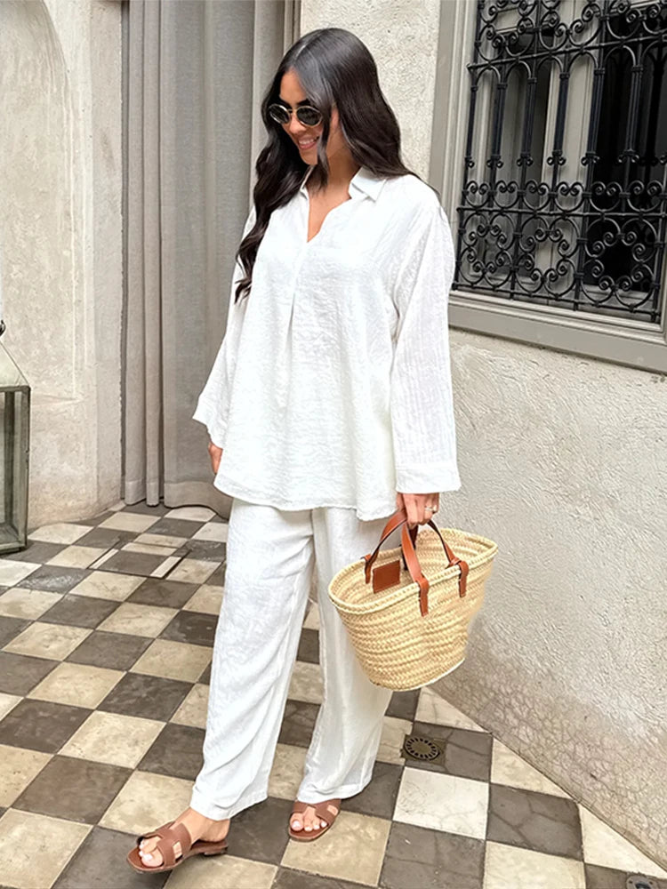 Katoen Linnen Casual Damespak – V-hals Top met Lange Mouwen & Wijde Pijpen Broek