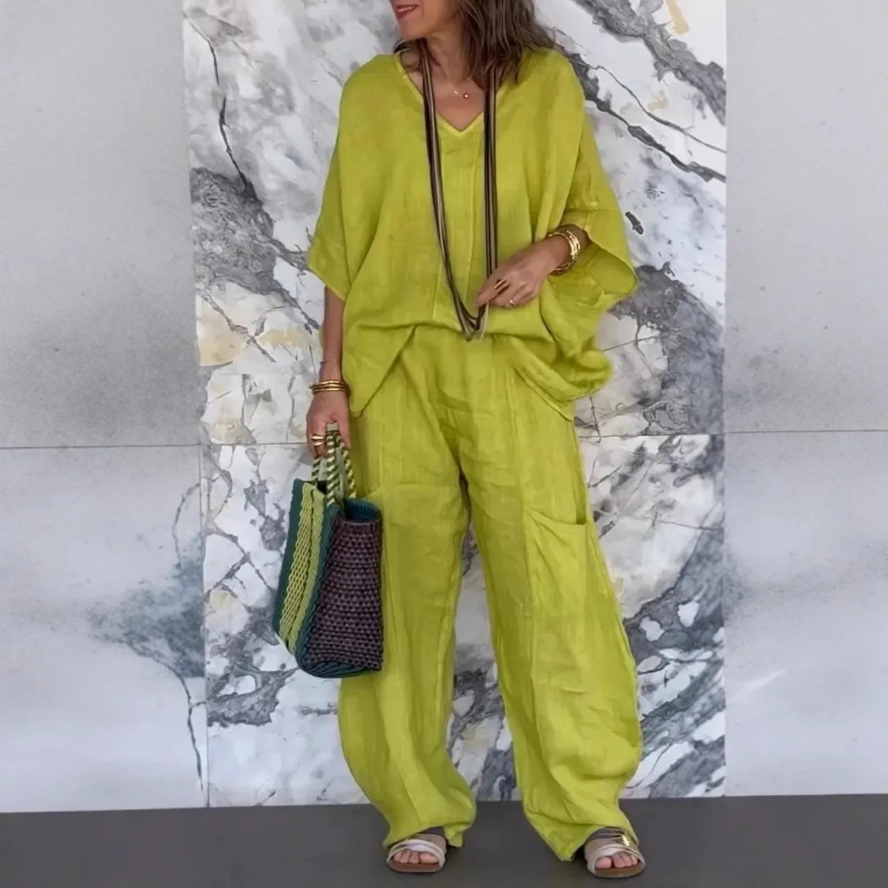 Chic Linnen 2-Delige Set met V-hals