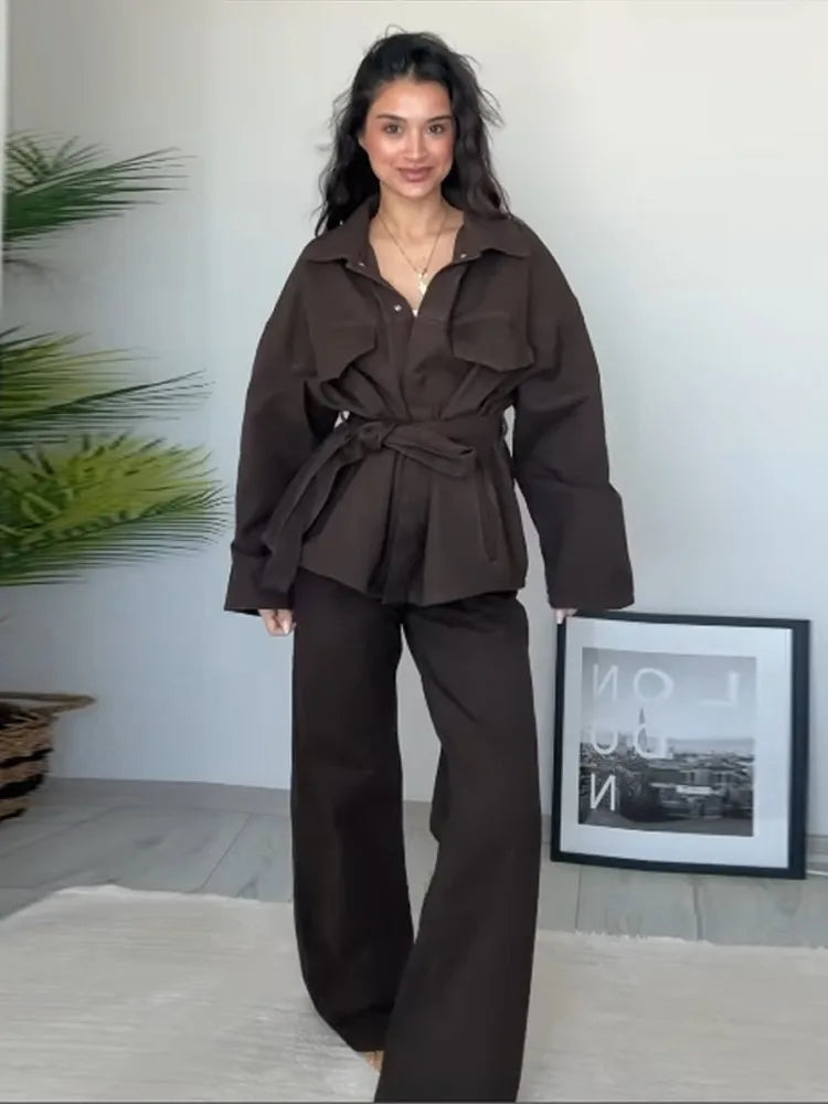 Chic Tweedelige Denim Set – Riemjas & Wijde Pijpen Jeans