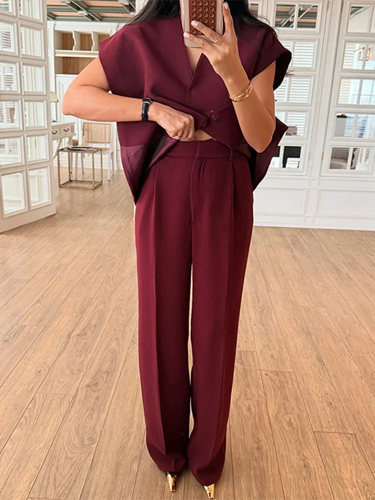 Chic 2-Delige Dames Suit – Blazer & High Waist Wide Leg Broek