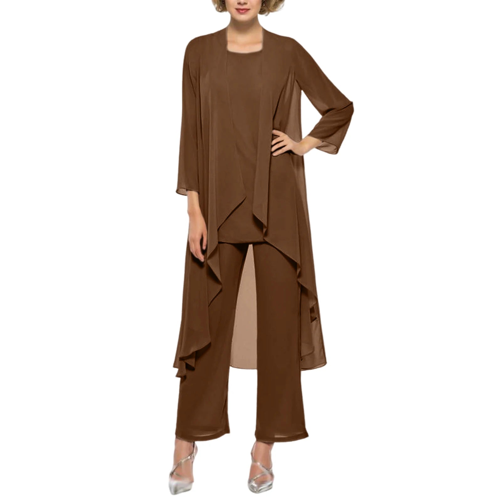 Elegante 3-Delige Set – Chiffon Top, Cardigan & Broek