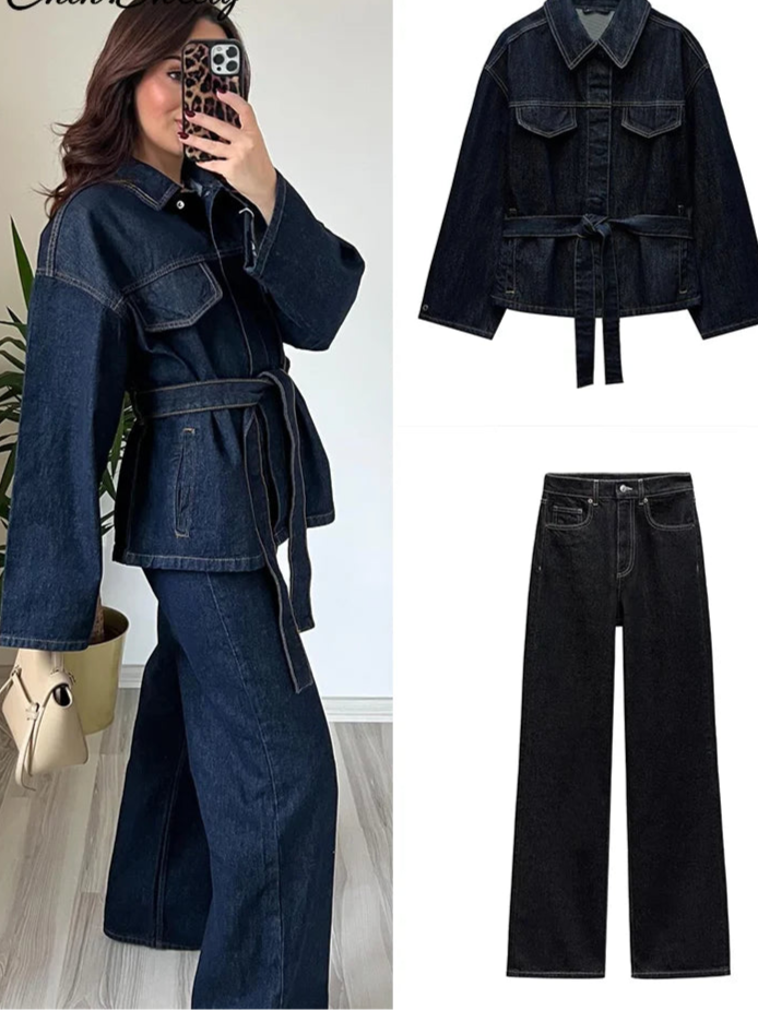 Chic Tweedelige Denim Set – Riemjas & Wijde Pijpen Jeans