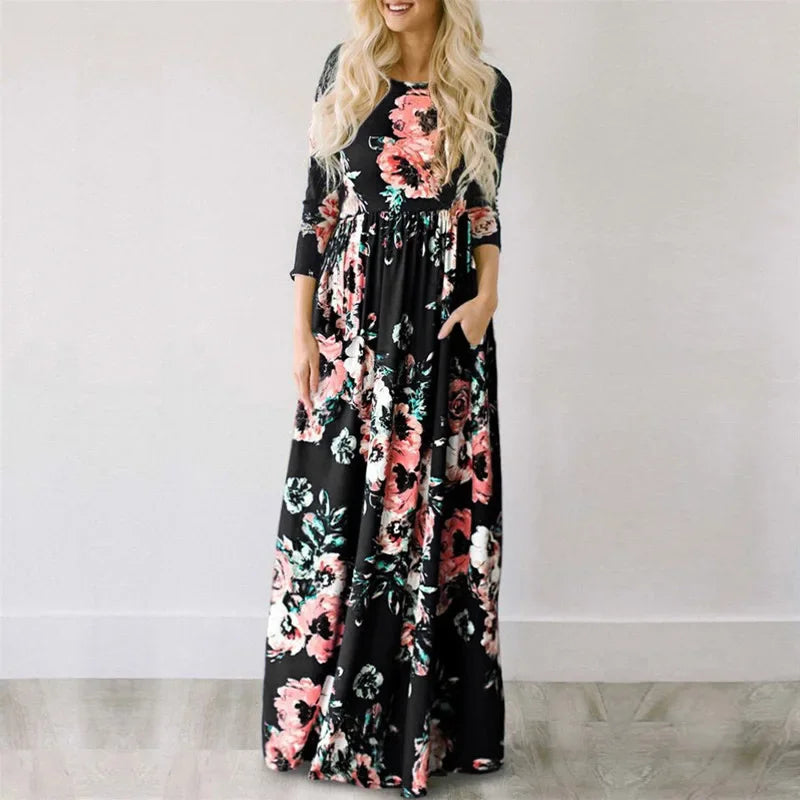 Women Summer Floral Print Maxi 2025 Loose White Boho Beach Dress Women Vintage Evening Party Long Dress Vestidos Female Robe