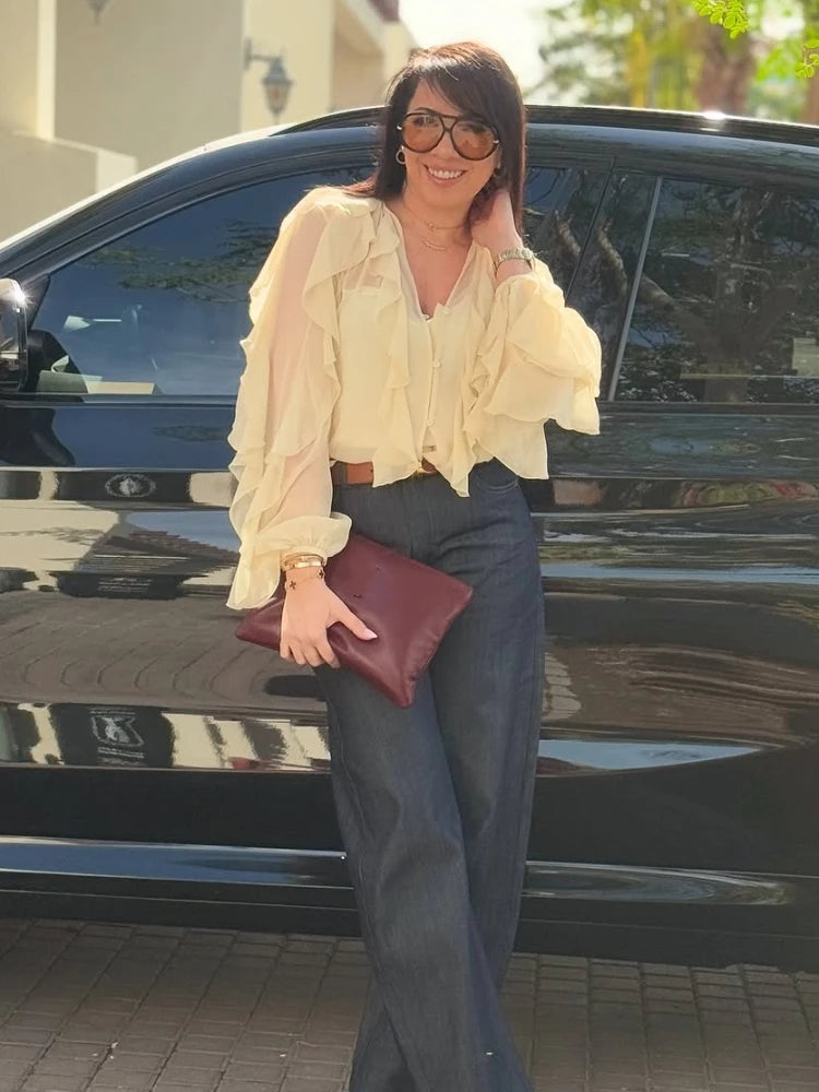 Spring Burgundy Layer Ruffles Shirts For Woman Casual V Neck Full Sleeve Loose Blouse New Female High Street Office Outfits 2025