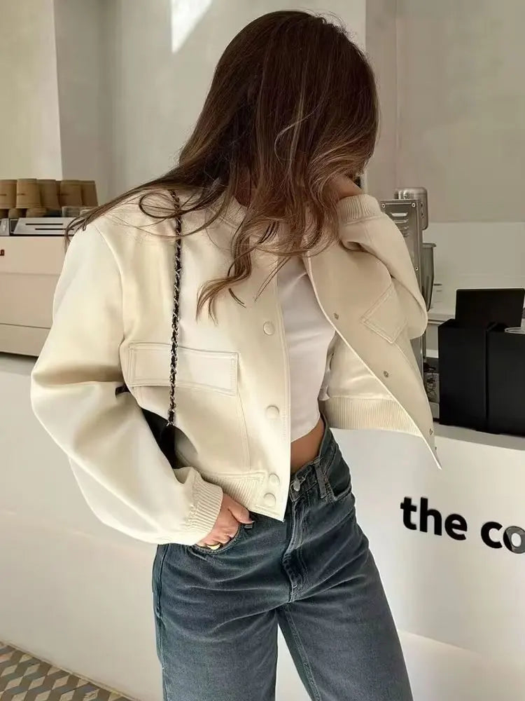 TRZA Women Fashion With Pockets Bomber Jacket Coats Vintage Long Sleeve Front Button Casual Female Outerwear Chic Tops