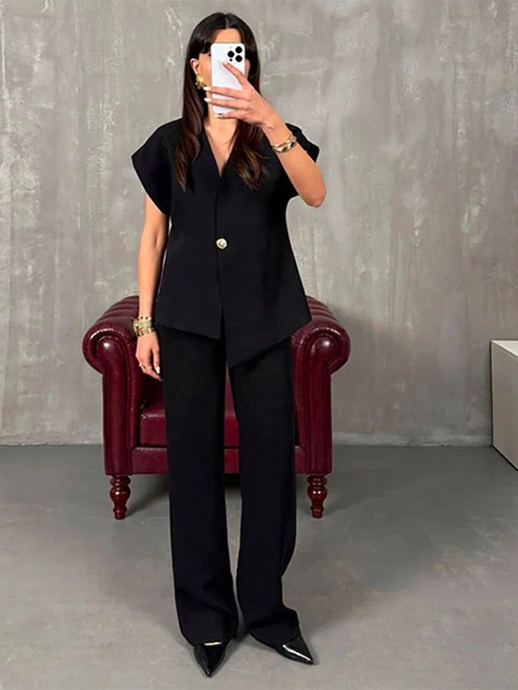 Chic 2-Delige Dames Suit – Blazer & High Waist Wide Leg Broek