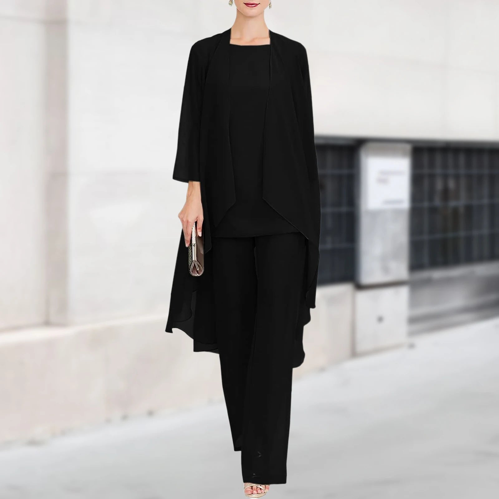 Elegante 3-Delige Set – Chiffon Top, Cardigan & Broek