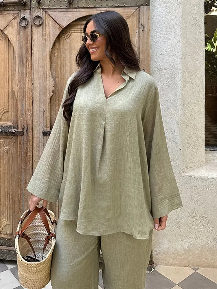 Katoen Linnen Casual Damespak – V-hals Top met Lange Mouwen & Wijde Pijpen Broek