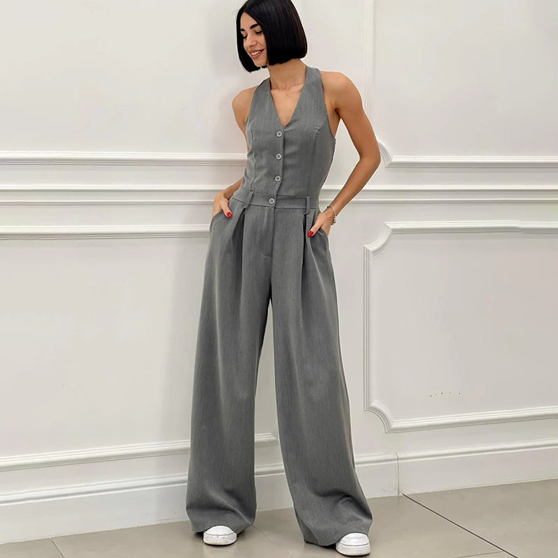 ⏳Beperkte Tijd 50% Korting💥Mouwloze Jumpsuit met Wijde Pijpen en Knoopsluiting voor Dames