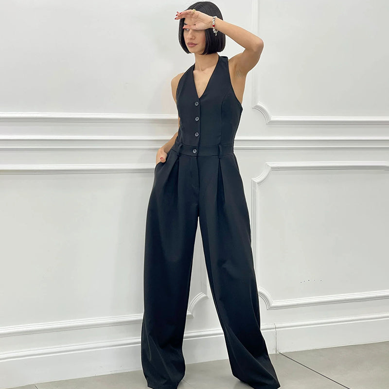 ⏳Beperkte Tijd 50% Korting💥Mouwloze Jumpsuit met Wijde Pijpen en Knoopsluiting voor Dames