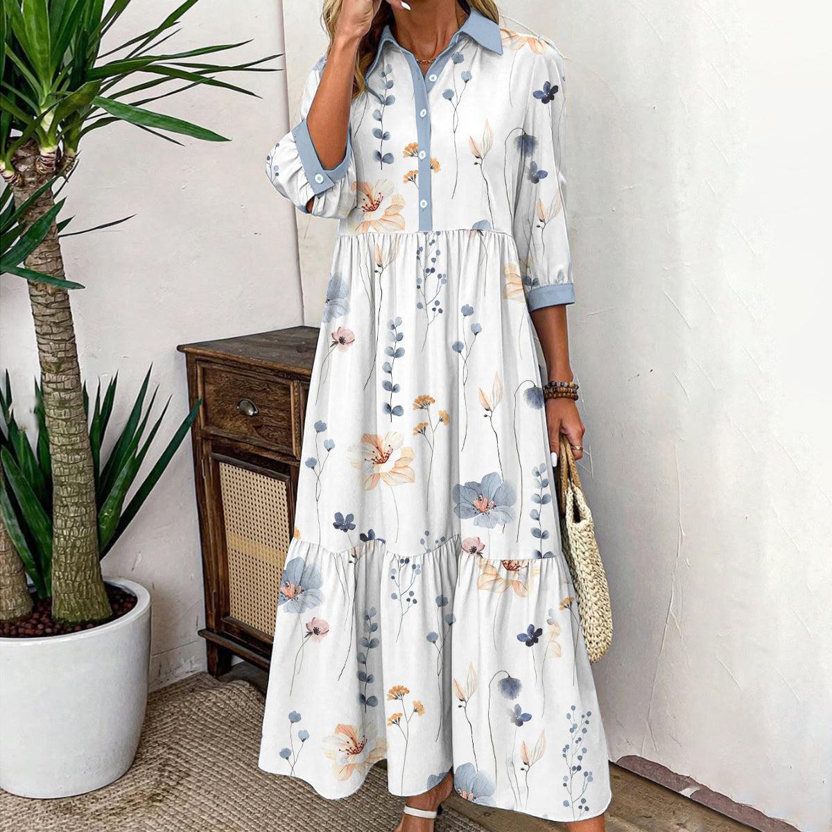Elvienne | Frisse Maxi-jurk met Print & Kraag