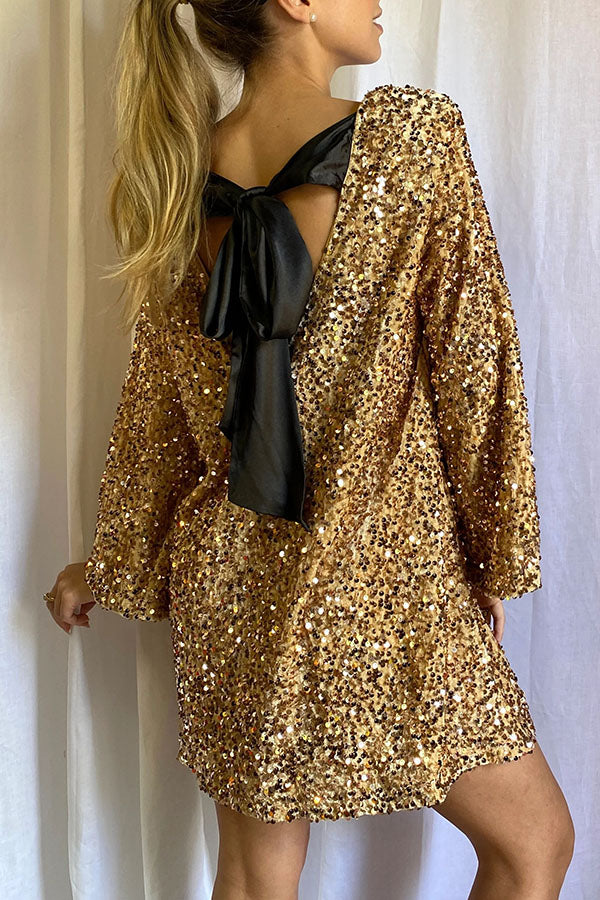 Losse Mini Jurk met Sequins en Strik