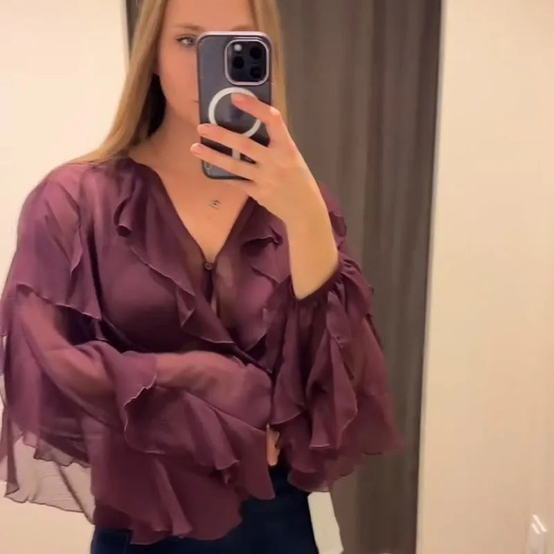 Spring Burgundy Layer Ruffles Shirts For Woman Casual V Neck Full Sleeve Loose Blouse New Female High Street Office Outfits 2025