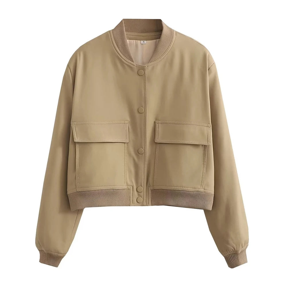 TRZA Women Fashion With Pockets Bomber Jacket Coats Vintage Long Sleeve Front Button Casual Female Outerwear Chic Tops