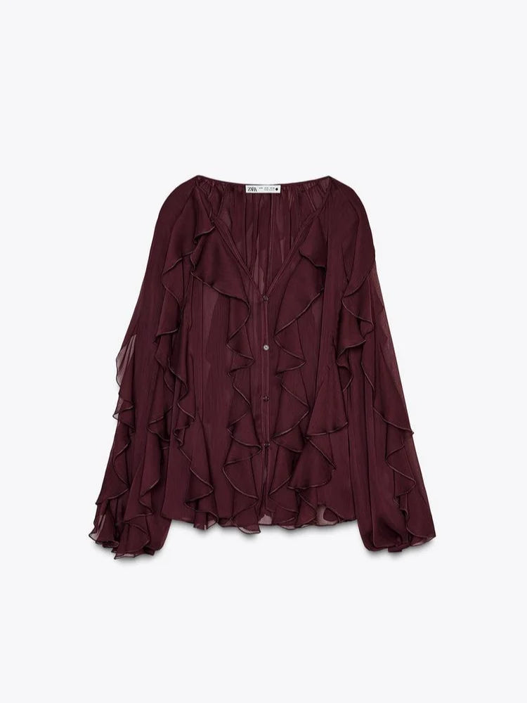 Spring Burgundy Layer Ruffles Shirts For Woman Casual V Neck Full Sleeve Loose Blouse New Female High Street Office Outfits 2025