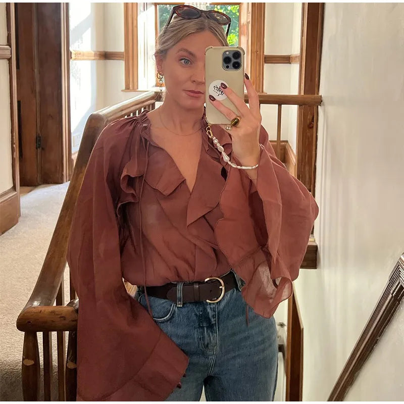 Spring Burgundy Layer Ruffles Shirts For Woman Casual V Neck Full Sleeve Loose Blouse New Female High Street Office Outfits 2025