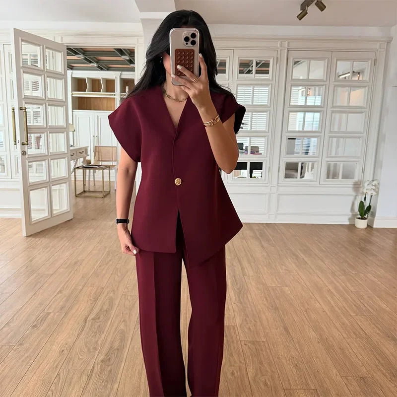 Chic 2-Delige Dames Suit – Blazer & High Waist Wide Leg Broek