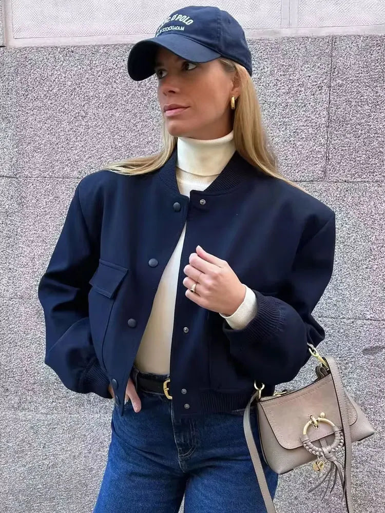 TRZA Women Fashion With Pockets Bomber Jacket Coats Vintage Long Sleeve Front Button Casual Female Outerwear Chic Tops