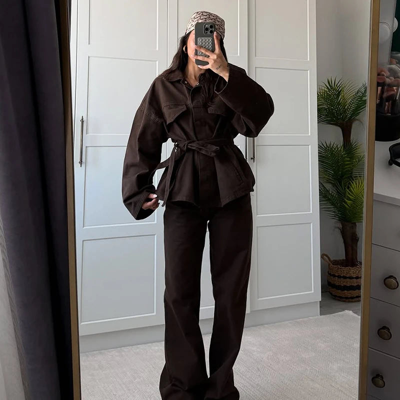 Chic Tweedelige Denim Set – Riemjas & Wijde Pijpen Jeans