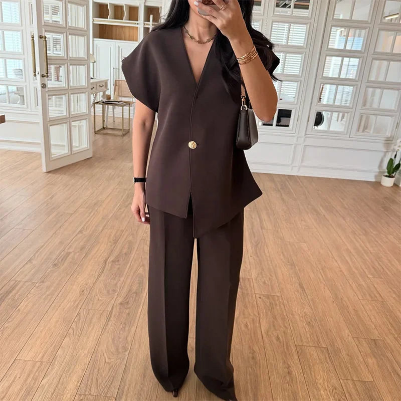 Chic 2-Delige Dames Suit – Blazer & High Waist Wide Leg Broek