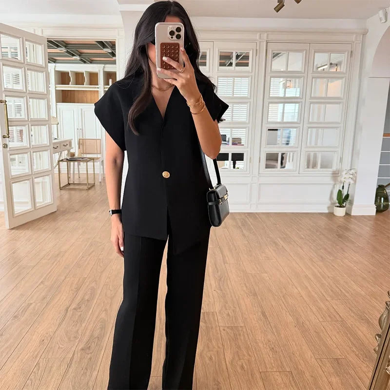 Chic 2-Delige Dames Suit – Blazer & High Waist Wide Leg Broek