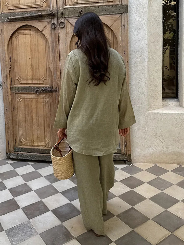 Katoen Linnen Casual Damespak – V-hals Top met Lange Mouwen & Wijde Pijpen Broek
