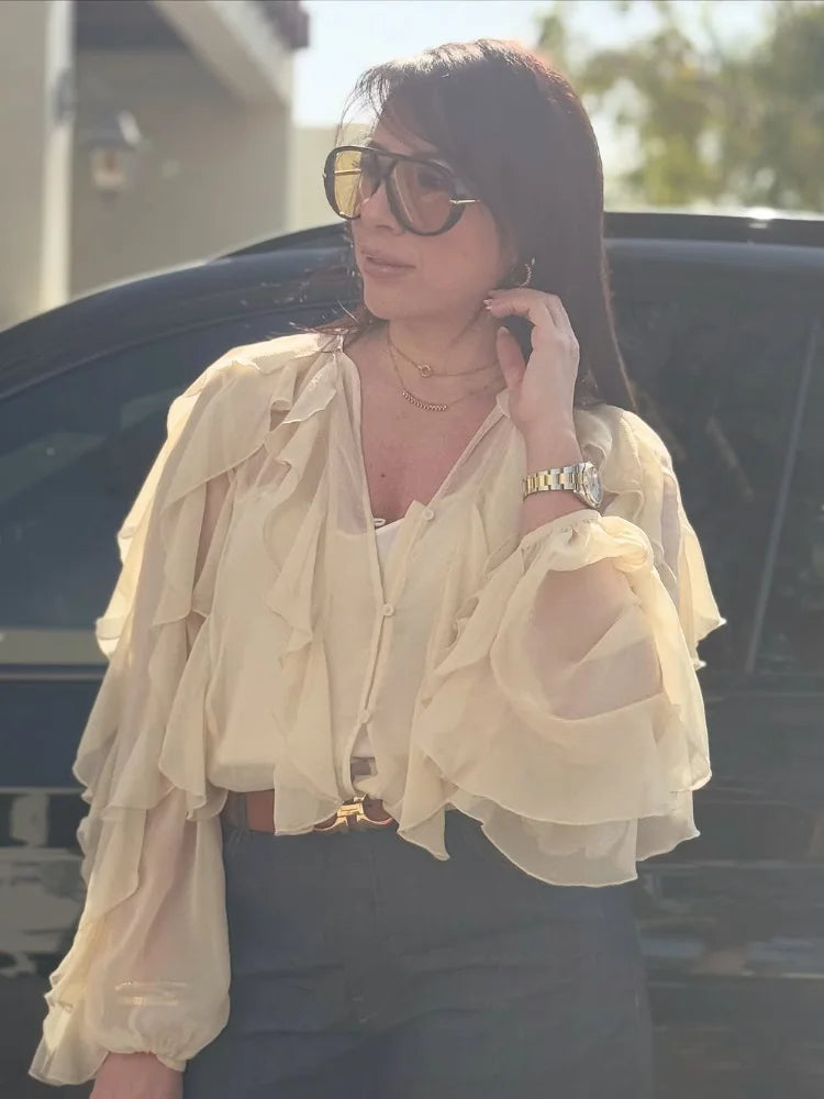 Spring Burgundy Layer Ruffles Shirts For Woman Casual V Neck Full Sleeve Loose Blouse New Female High Street Office Outfits 2025