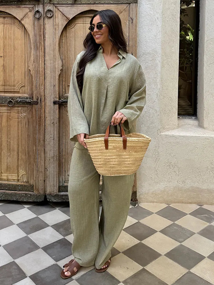 Katoen Linnen Casual Damespak – V-hals Top met Lange Mouwen & Wijde Pijpen Broek
