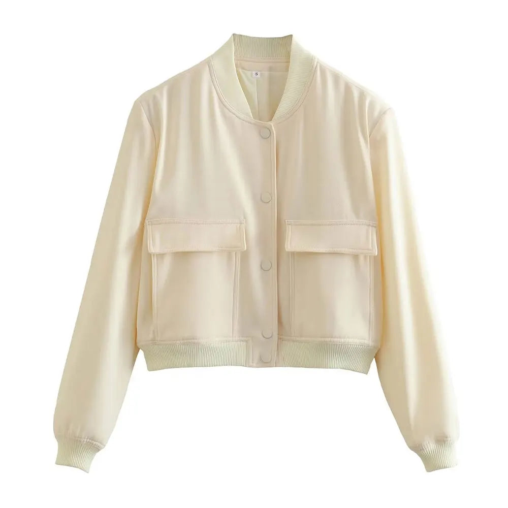 TRZA Women Fashion With Pockets Bomber Jacket Coats Vintage Long Sleeve Front Button Casual Female Outerwear Chic Tops