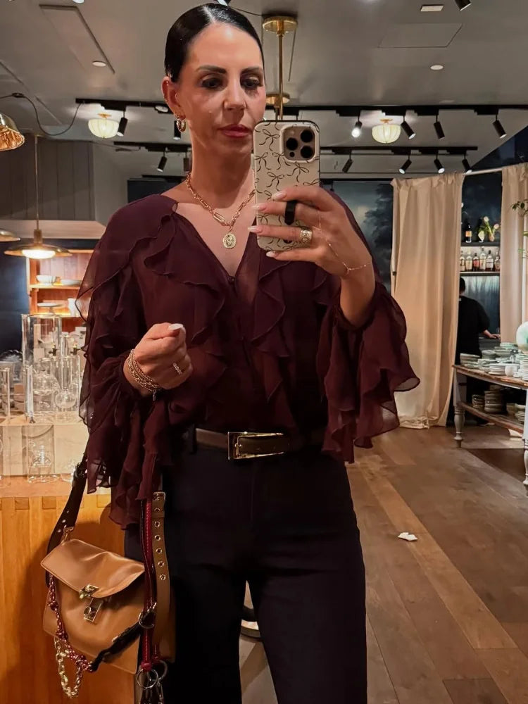 Spring Burgundy Layer Ruffles Shirts For Woman Casual V Neck Full Sleeve Loose Blouse New Female High Street Office Outfits 2025