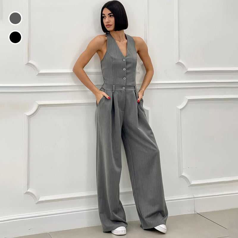 ⏳Beperkte Tijd 50% Korting💥Mouwloze Jumpsuit met Wijde Pijpen en Knoopsluiting voor Dames