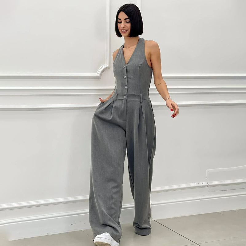 ⏳Beperkte Tijd 50% Korting💥Mouwloze Jumpsuit met Wijde Pijpen en Knoopsluiting voor Dames